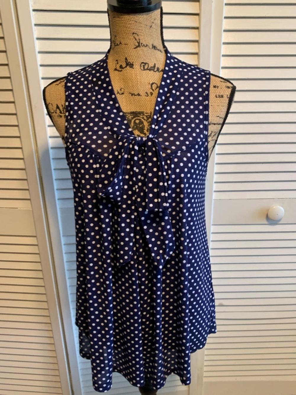 Sleeveless Navy Polka Dot Tie-Neck Top